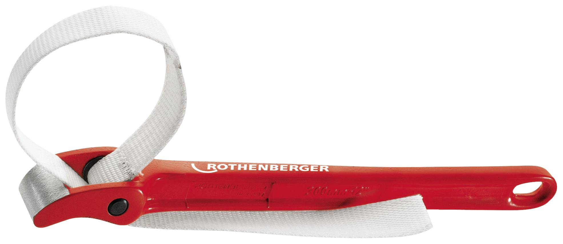 A red Rothenberger pipe wrench with a white textile strap, suitable for gripping round objects.
