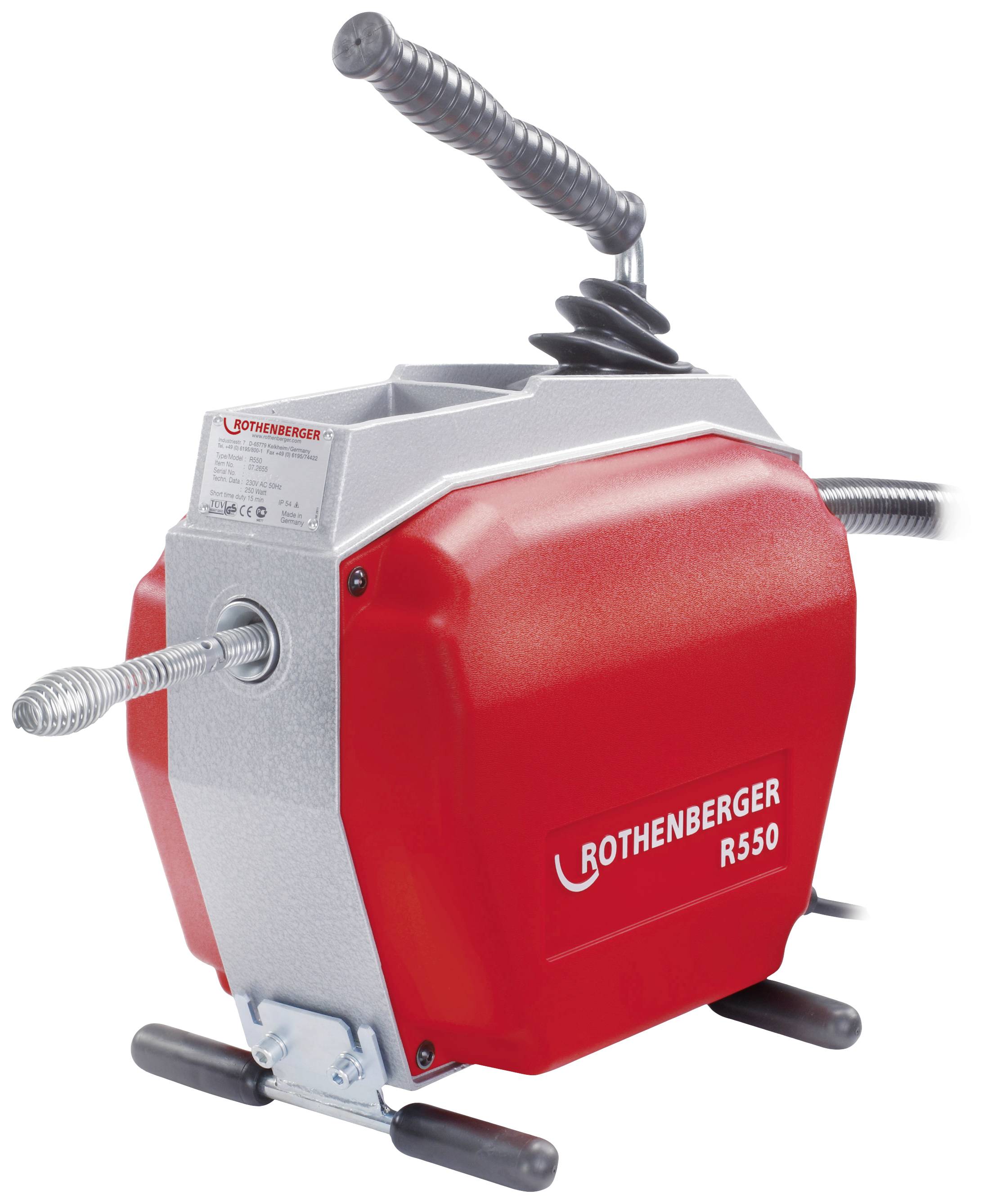 A red and grey drain cleaning machine by the brand 'Rothenberger R550' with a spiral-shaped handle and integrated tools.