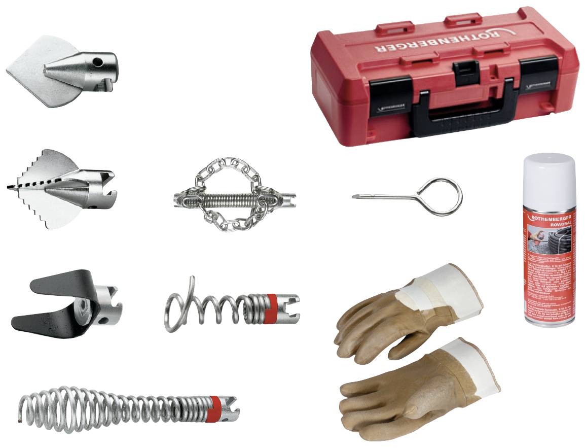 A collection of various plumbing tools, including attachments and gloves, alongside a red toolbox and a spray.
