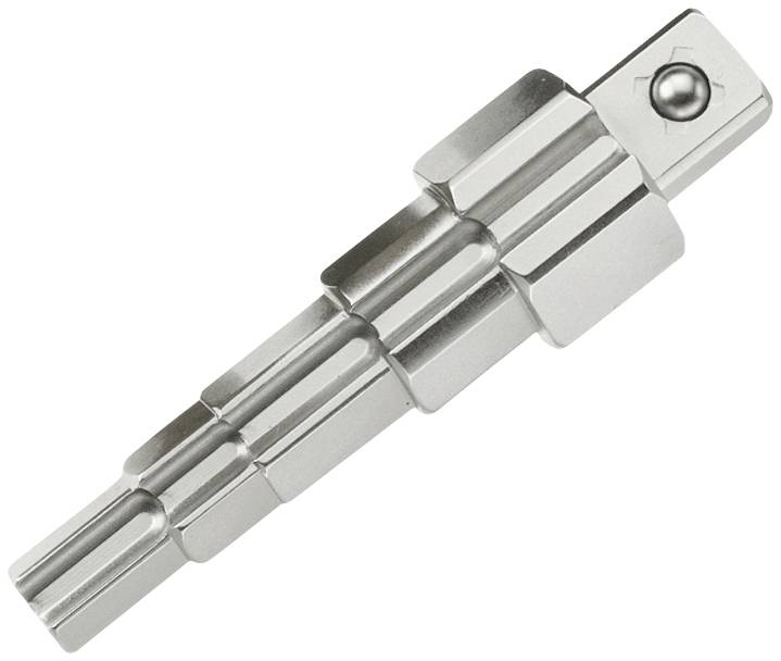 A metallic machine component with a stepped, cylindrical design and a ball at one end, likely used for transmitting rotational movements.