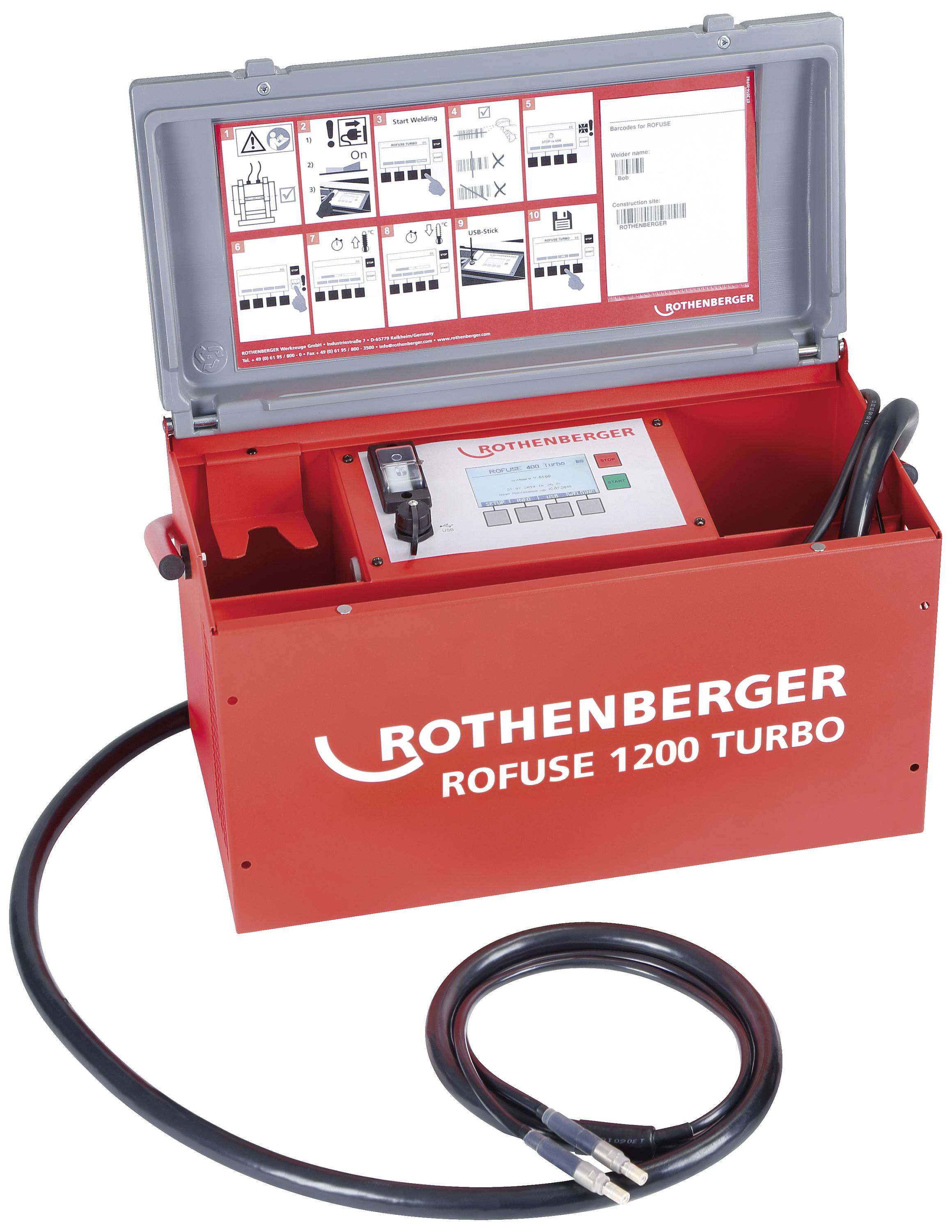 Red electric welding device 'ROTHENBERGER ROFUSE 1200 TURBO' with grey lid, instruction manual inside, black cable at the front.