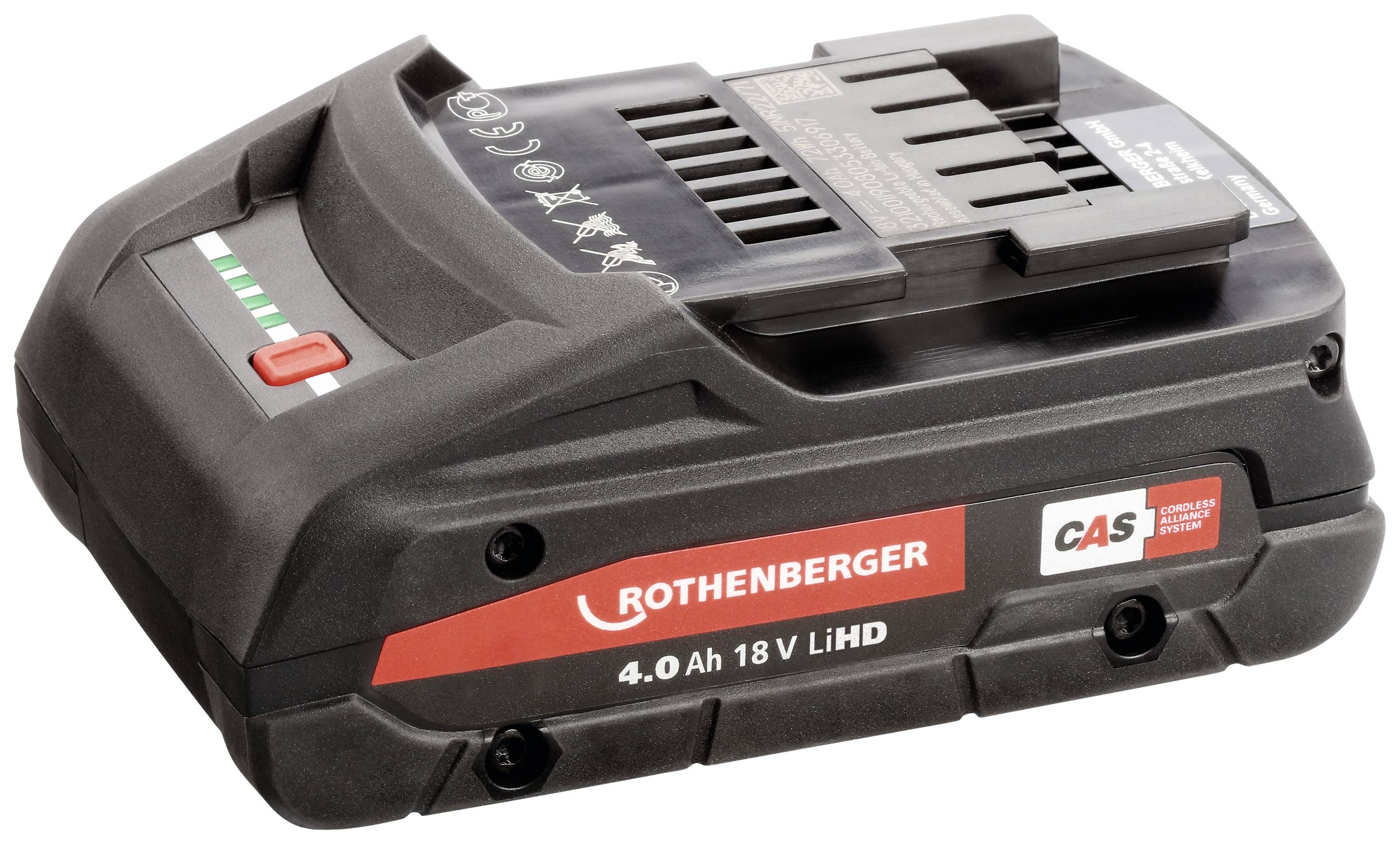 Battery pack by Rothenberger with the inscription '4.0 Ah 18 V LiHD', black casing with red and white logo, green charging indicator.