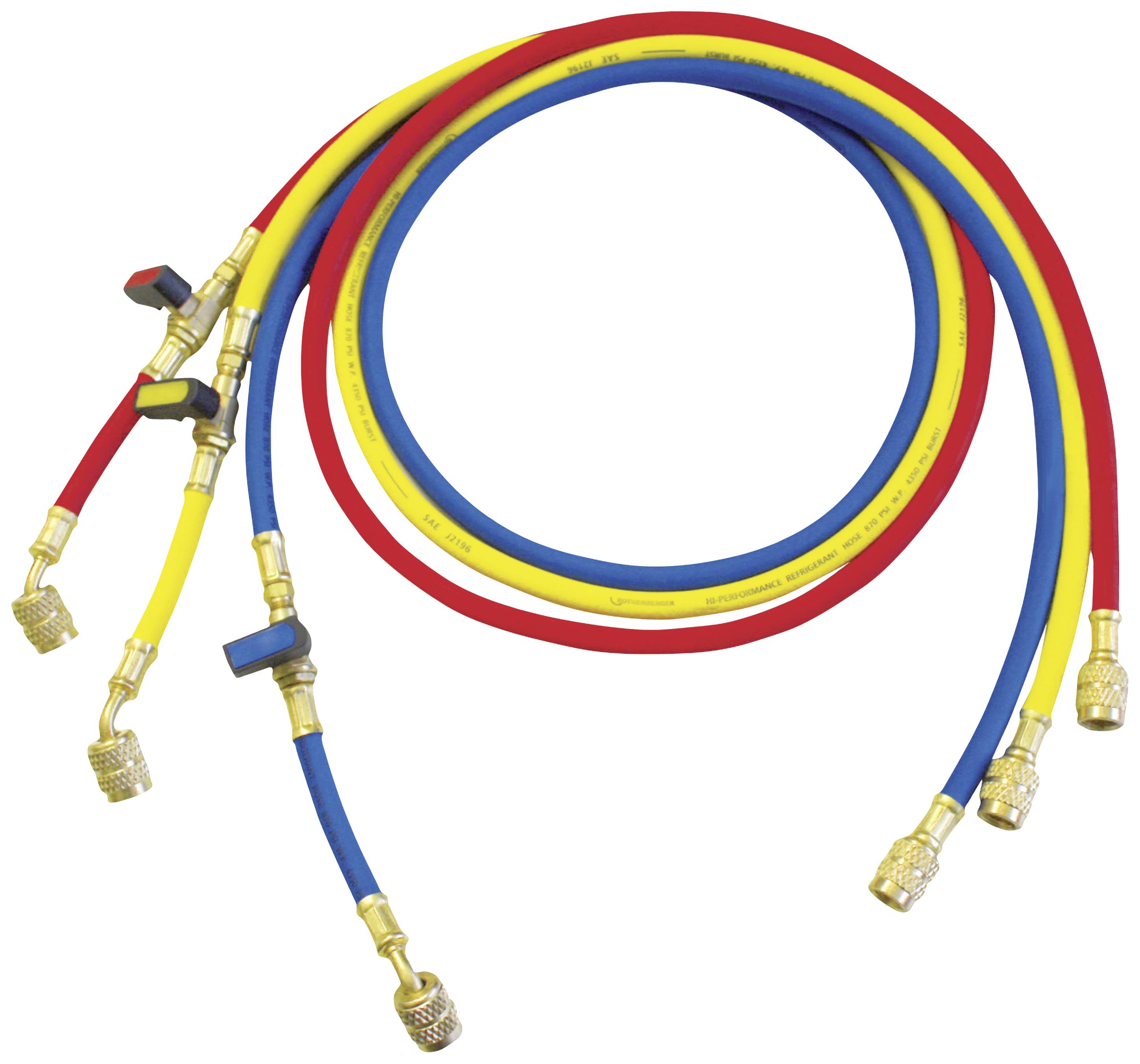 Colourful refrigerant hoses in red, yellow and blue with gold-coloured fittings, used in refrigeration technology.