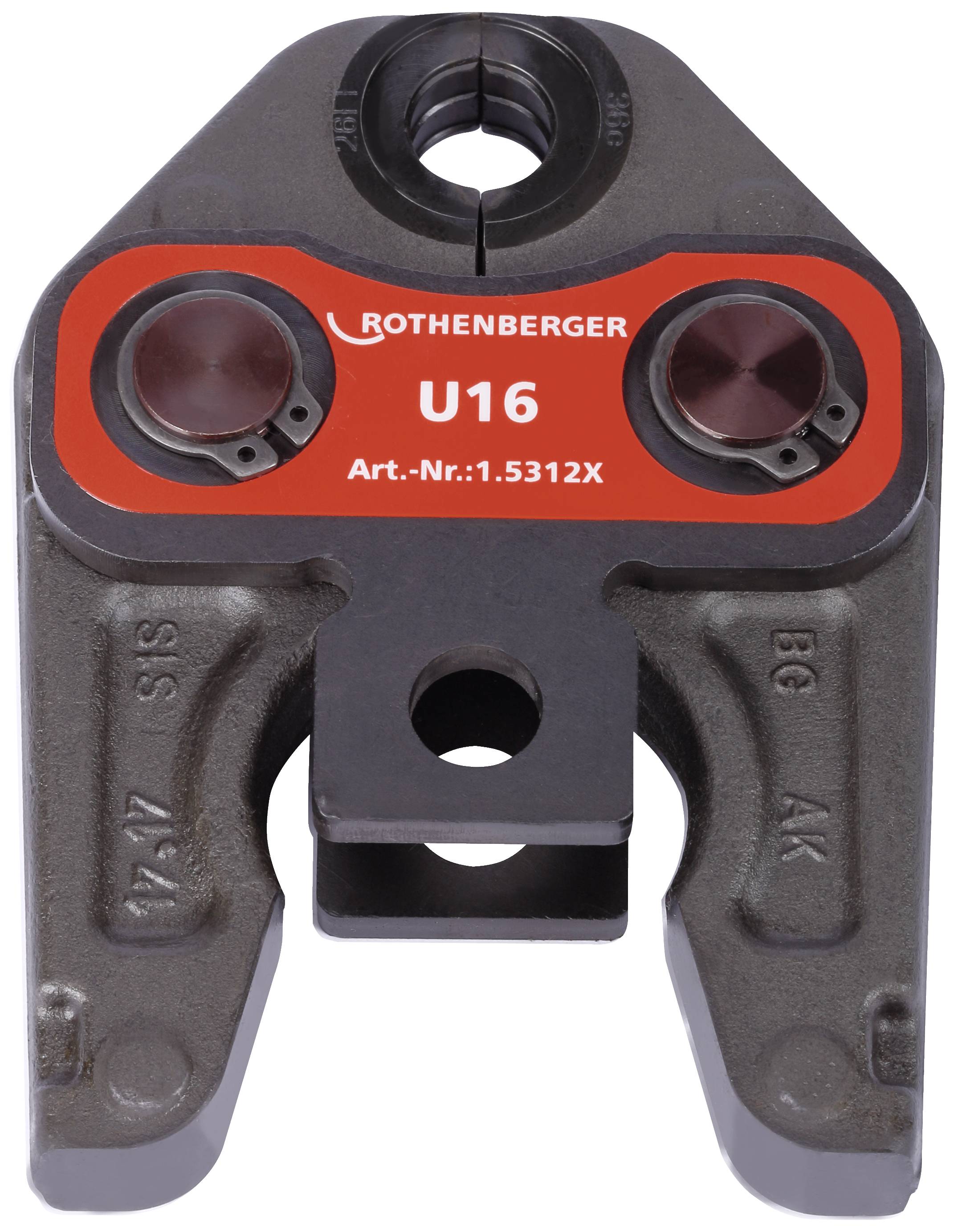 Crimping pliers with red and black handle, marked with 'ROTHENBERGER U16 Art. No.:1.5312X'. Used for plumbing installations.