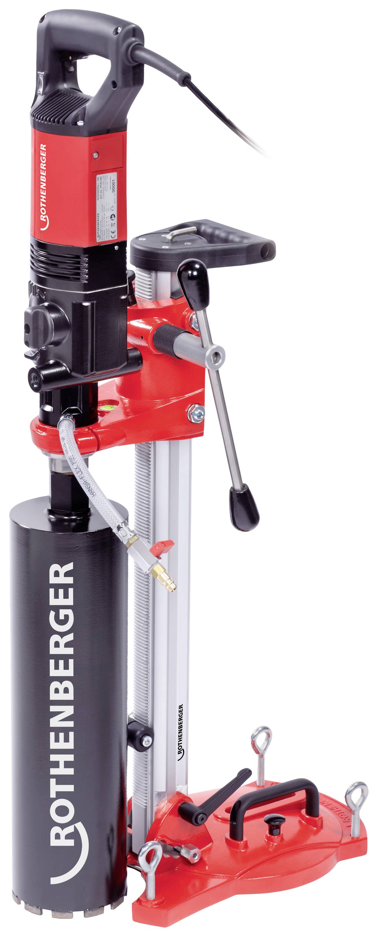 Red and black core drill from the Rothenberger brand with stand and handle. Suitable for precise drilling in concrete.