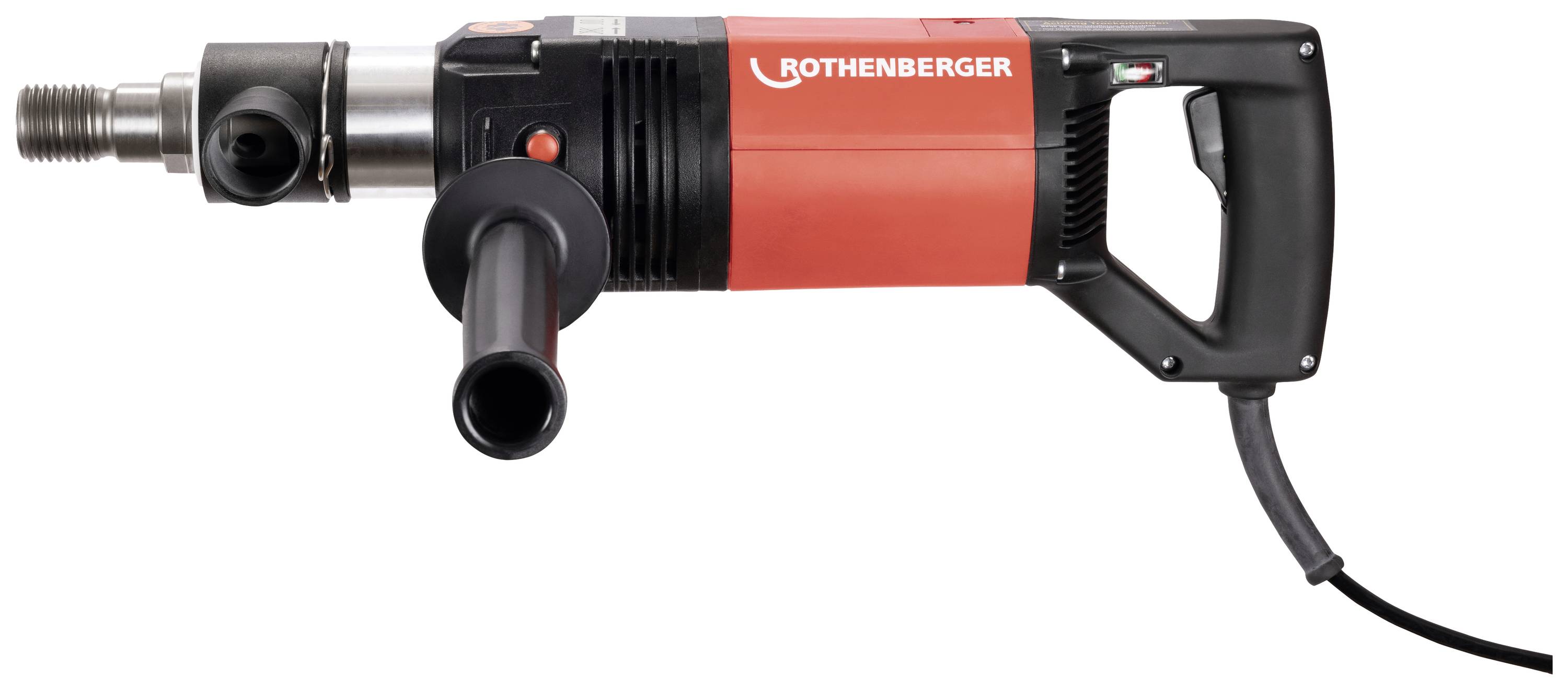A red and black electric drill by Rothenberger with a side handle and power cable.