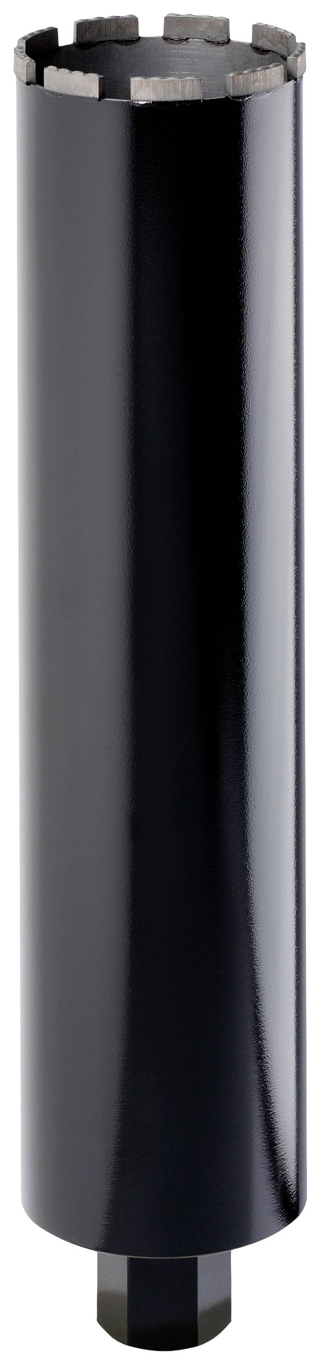 A black drill crown with a serrated edge, for drilling into concrete. Cylindrical and hollow, with a metallic sheen and hexagonal base.