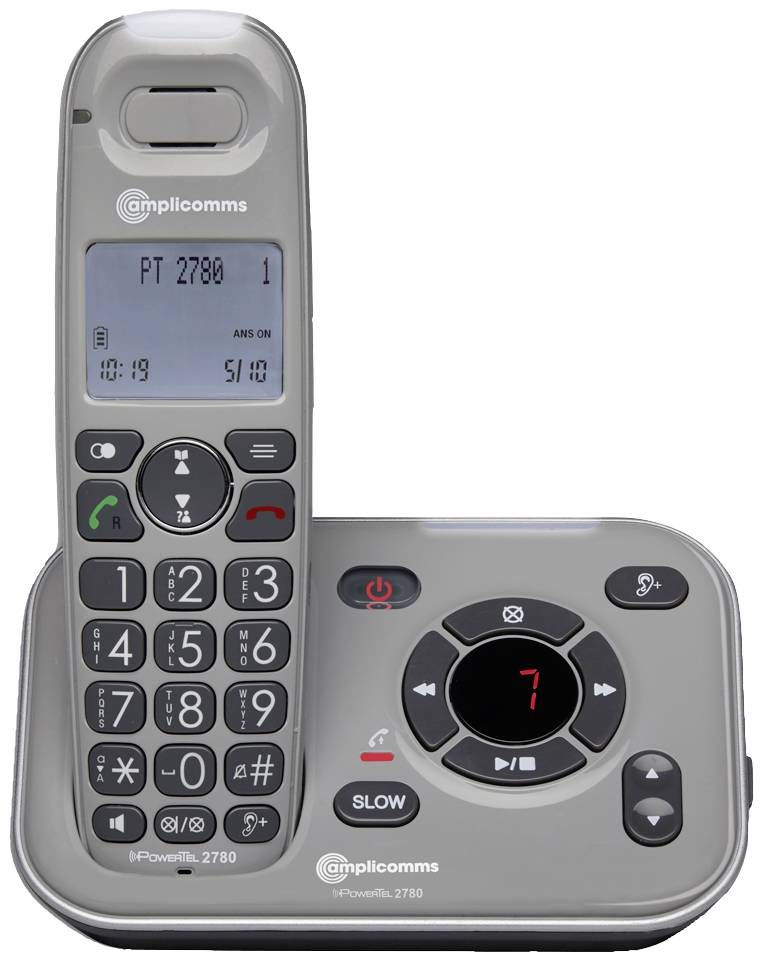 A silver cordless telephone with charging base. The display shows the time and answering machine status. Large buttons are provided.