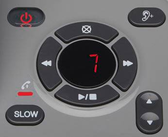 Control panel with buttons for speed, audio, play, pause, call answering; LED display shows '7'.