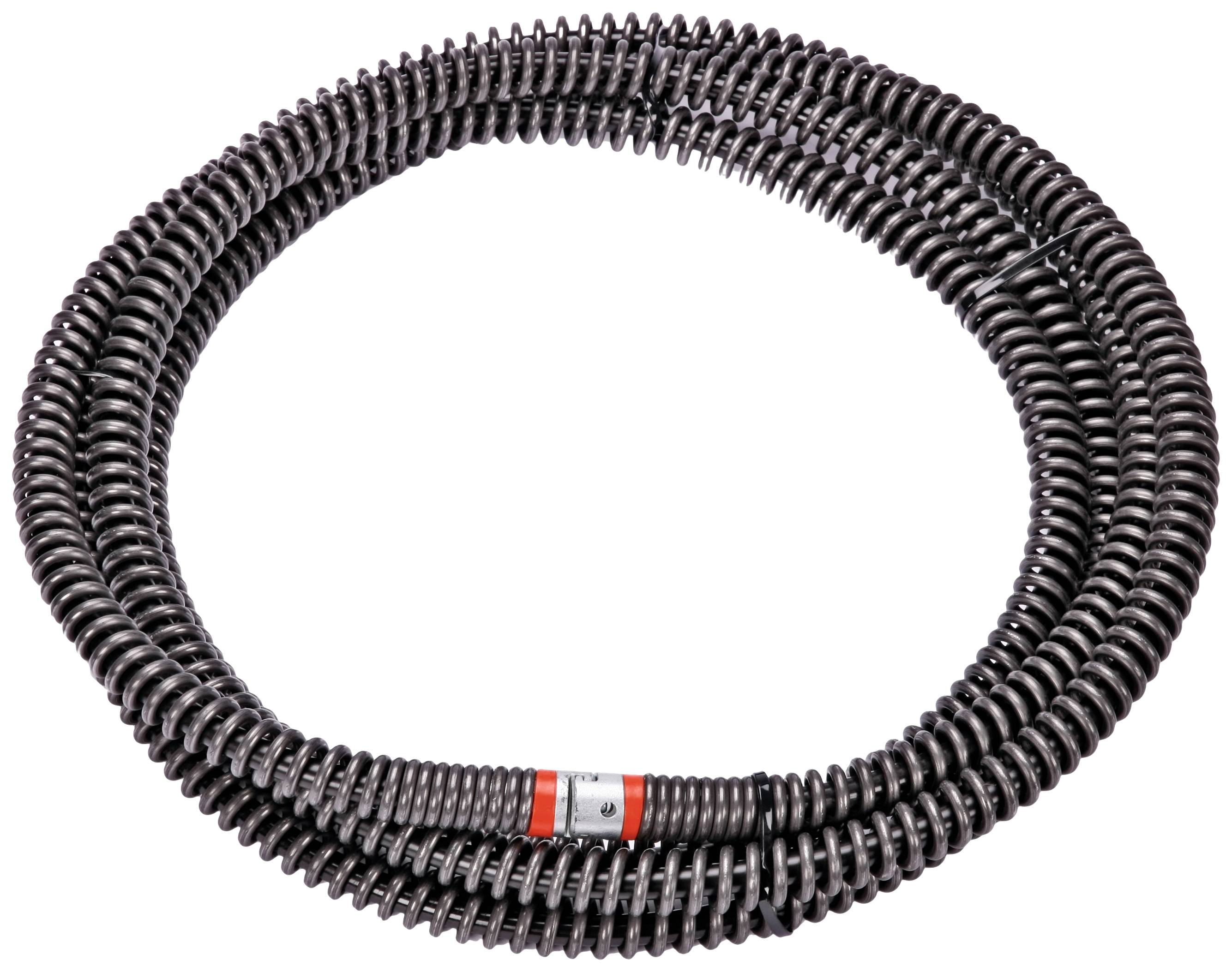A coiled black corrugated hose with a red label.