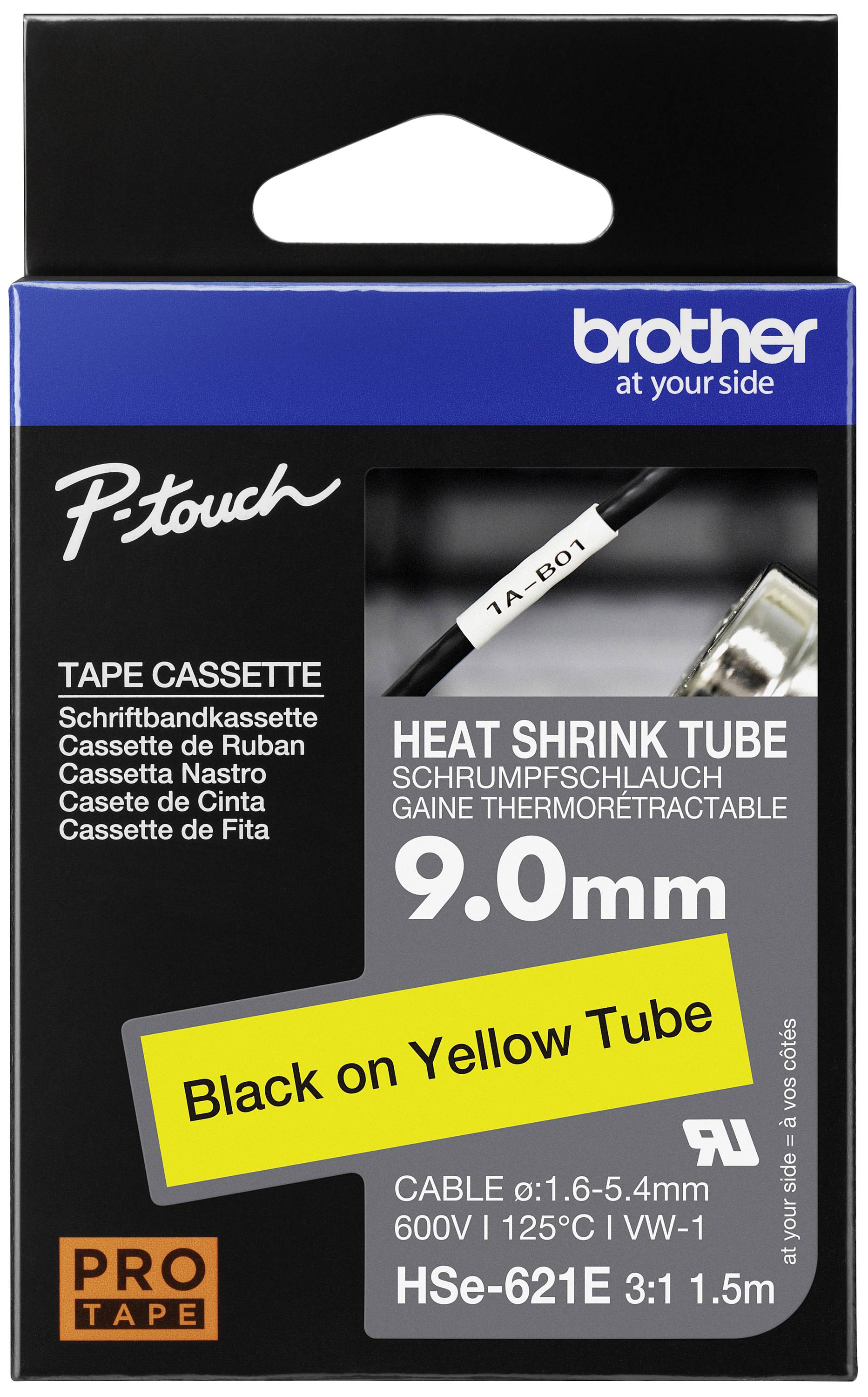 Packaging of a Brother P-touch Heat Shrink Tube Cassette. Text 'Heat Shrink Tube, 9.0 mm, Black on Yellow Tube'<br><br>(Note: The translation is already in British English, so no significant changes were needed.)