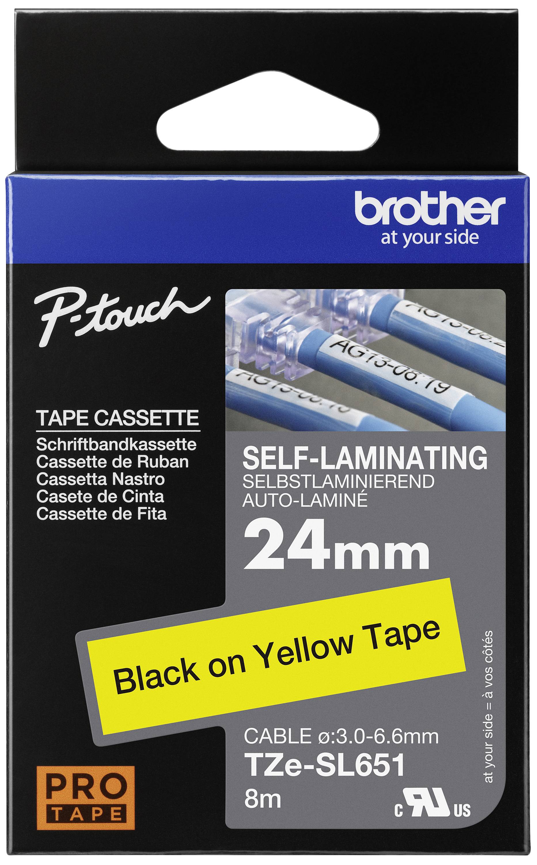 A packaging for Brother P-touch label tape cassette. Contains self-laminating tape, 24 mm wide, 8 m long, black on yellow.