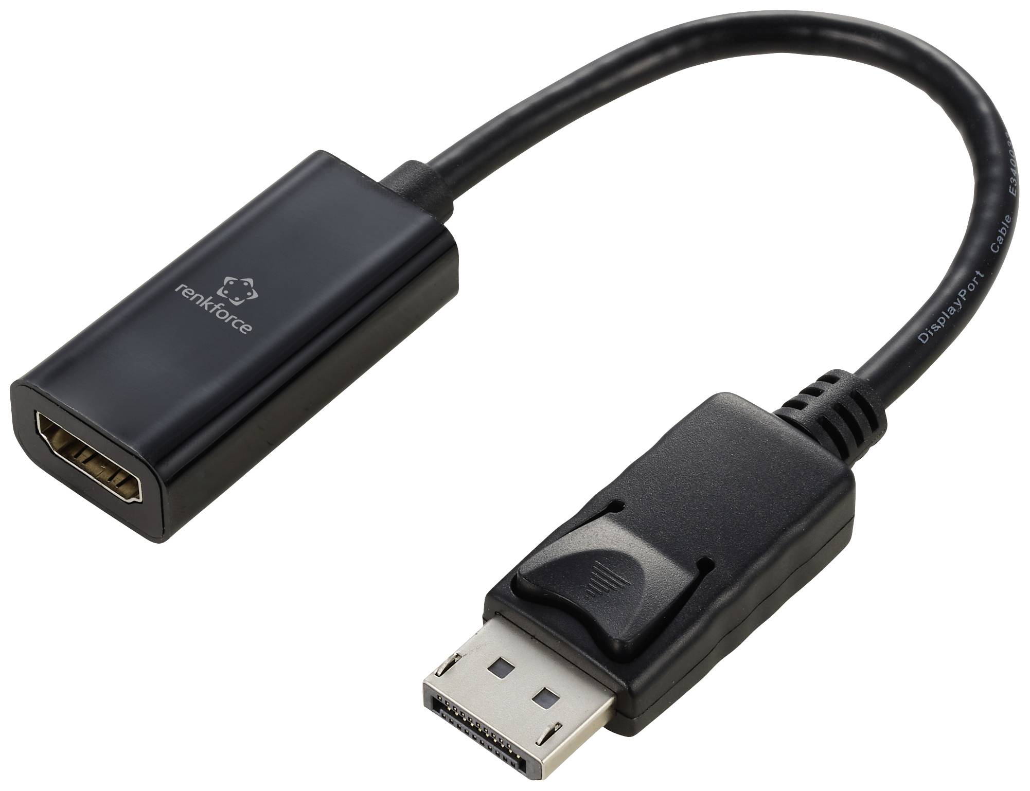 DisplayPort to HDMI adapter with short cable, black in colour, used to connect a device with an HDMI port to a DisplayPort device.
