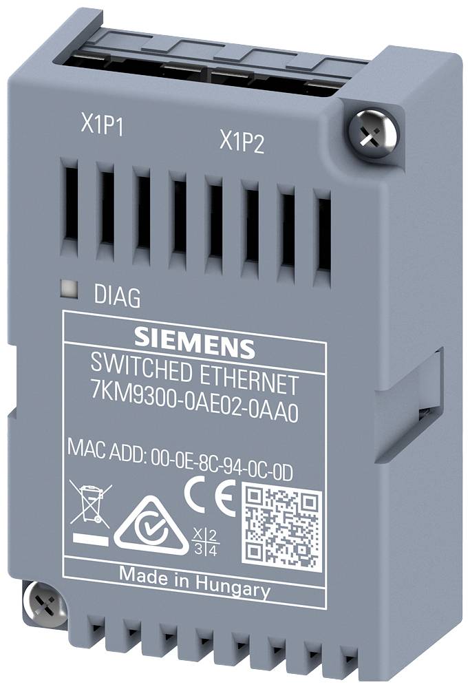 A grey Siemens Switched Ethernet Module with model number 7KM9300-0AE02-0AA0. Manufactured in Hungary.