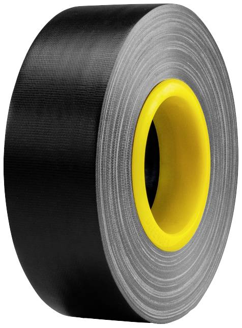 A roll of silver adhesive tape with a yellow inner core, standing upright on a flat surface.