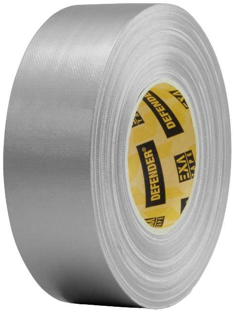 Roll of silver duct tape with yellow inner label. 'Defender' marking. Ideal for repairing and sealing.
