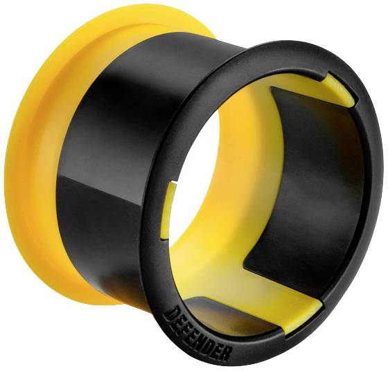 A black and yellow plastic ring-shaped component with 'Defender' inscription. It is likely a protective or accessory part.