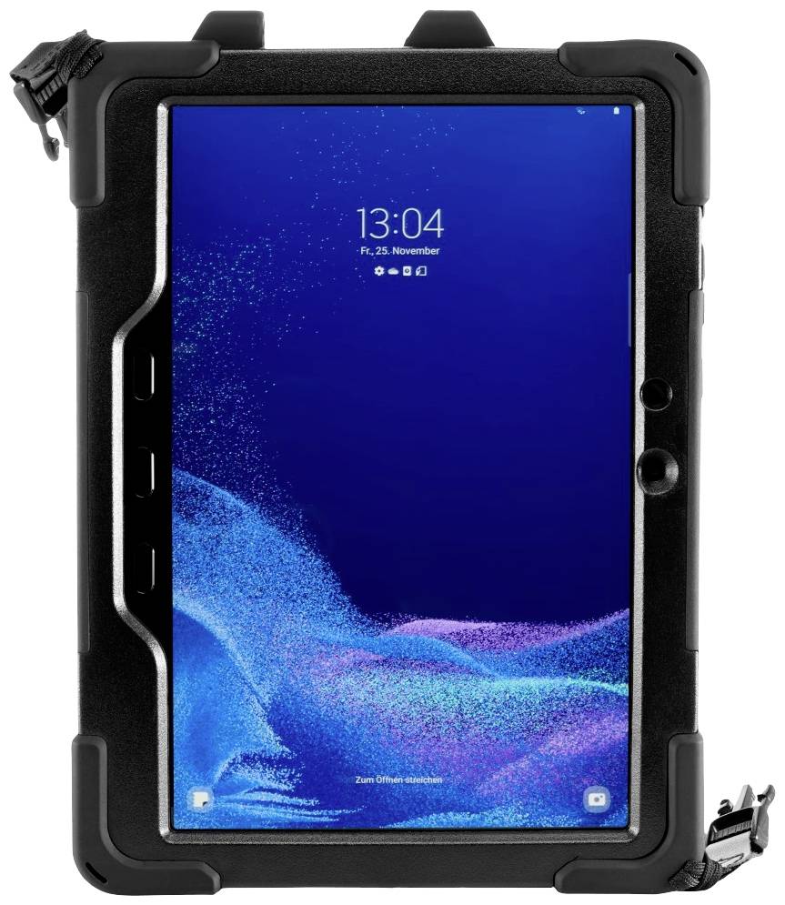 A tablet with a black protective case, displaying a blue screen showing the time 13:04 and the date Fri, 25 November.