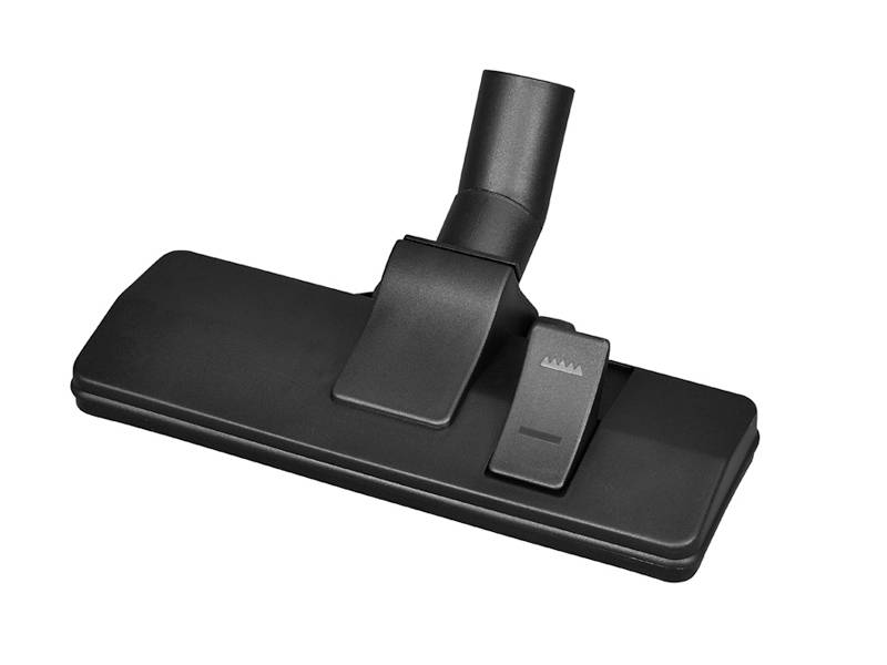 A black vacuum cleaner attachment with a rectangular shape and adjustable joint for different floor types.