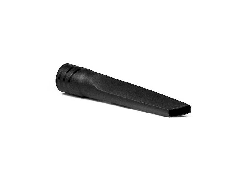 Black plastic pipe with a narrow, flat end, used for vacuum cleaner attachments.