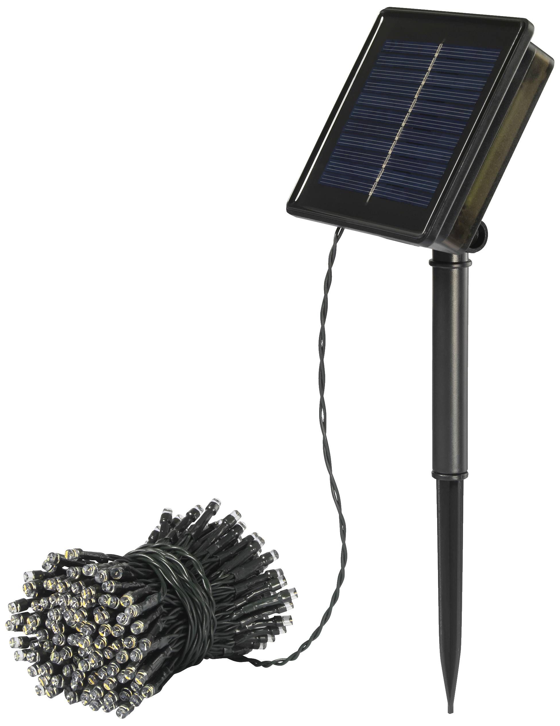 Solar-powered fairy lights with a solar panel and ground stake for outdoor use.