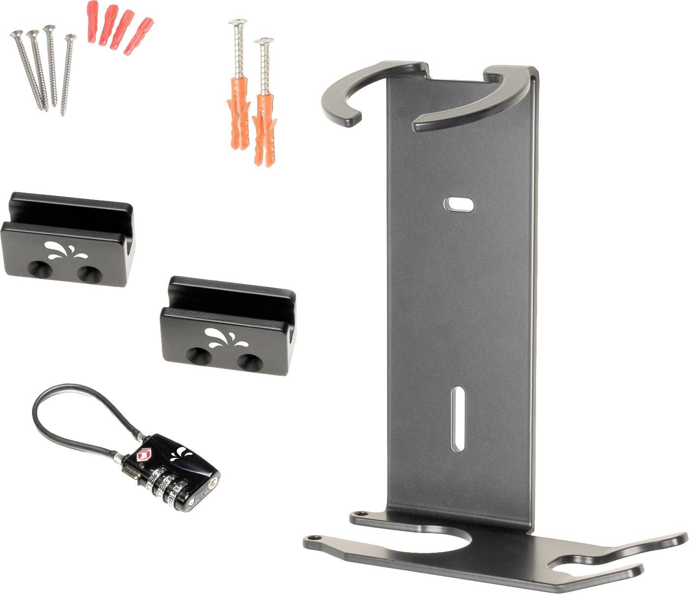 Metal bracket with screws, wall plugs, two mounting bases and a combination lock. Likely purpose for securing equipment.