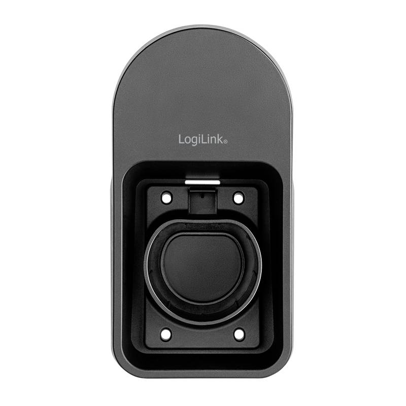 Black LogiLink lock housing with a round mechanism in the centre, suitable for securing devices or bicycles.