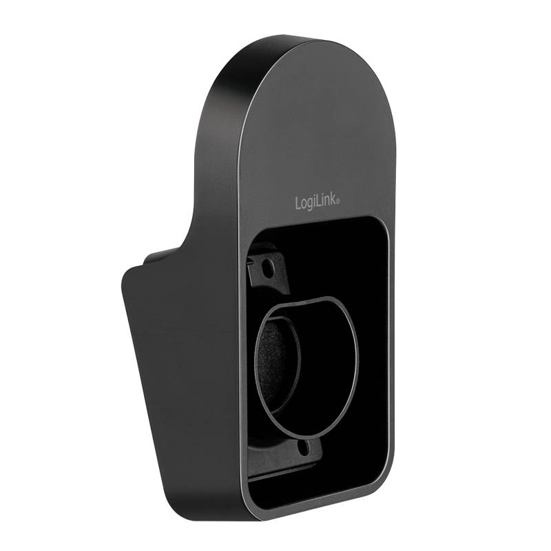 Black holder by LogiLink, suitable for Google Nest Mini and Google Home Mini speakers, for mounting on a wall socket.