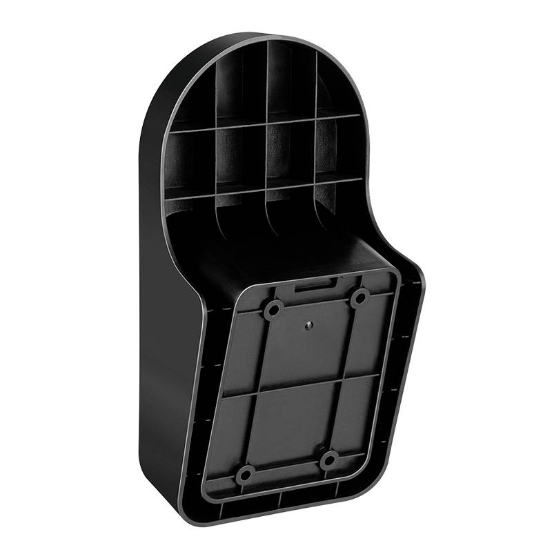 A black plastic enclosure designed for wall mounting, with multiple internal compartments and a rectangular surface on the front.