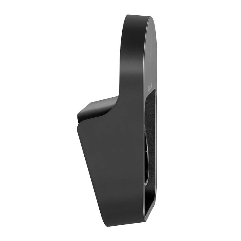 Black, wall-mounted toilet roll holder with a modern, sleek design.