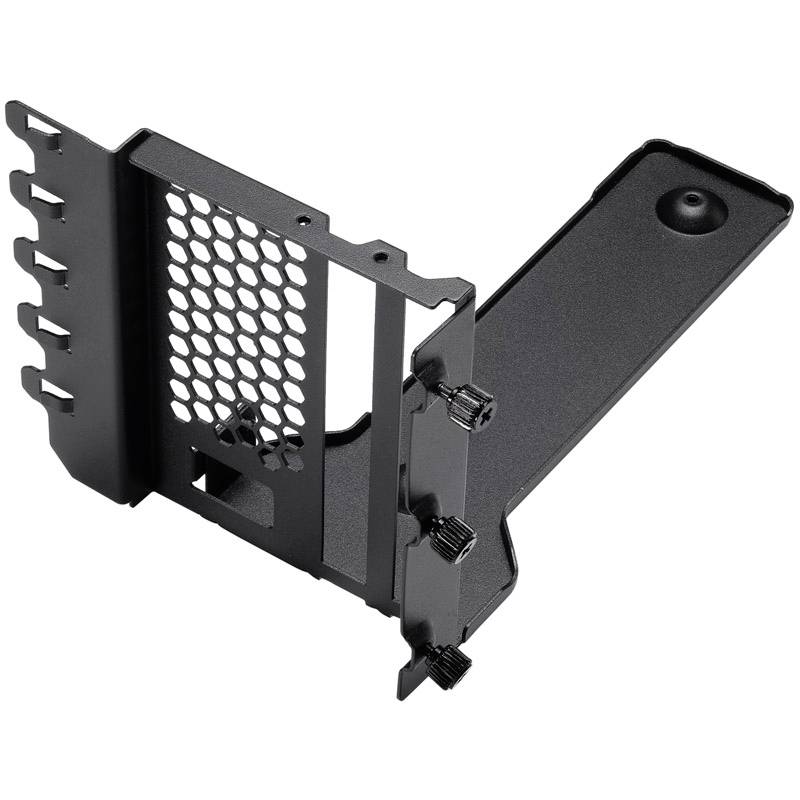 Black metal support brackets with a honeycomb pattern and adjustable screws, used to support computer components within cases.