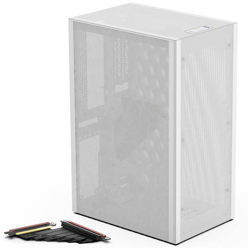 A white PC case with perforated sides for ventilation stands upright. Two computer components are lying beside it.
