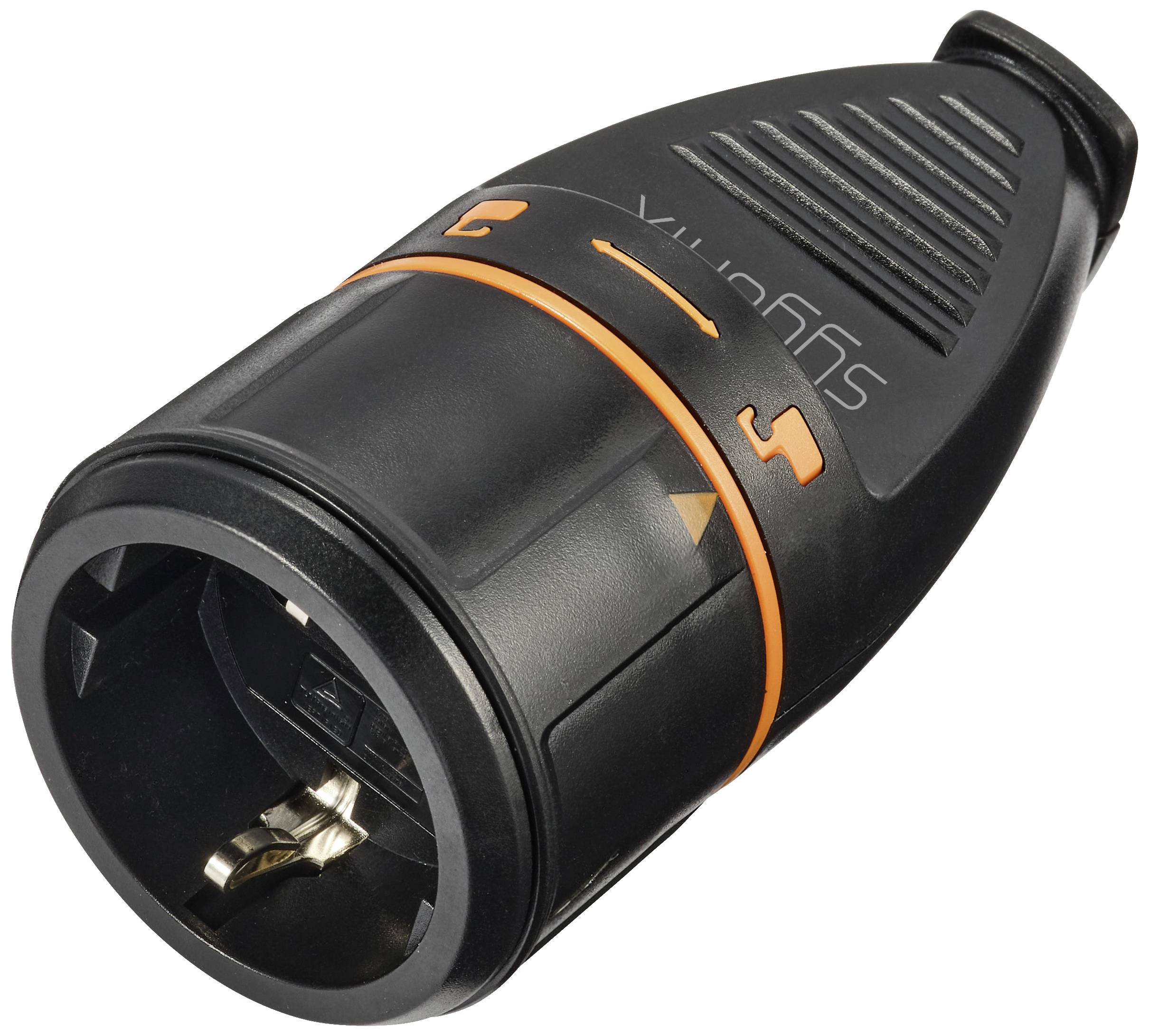 A black adapter with orange markings and a switch, potentially used for a transformer or safety device.