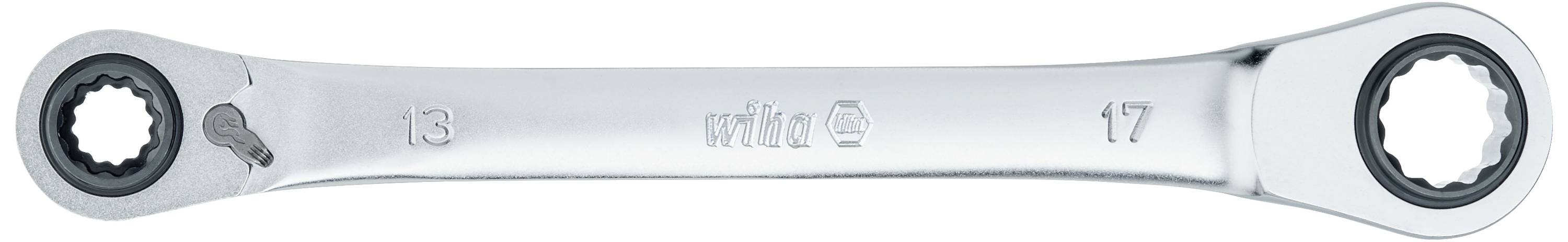A metal double ring spanner with the numbers '13' and '17' for the corresponding bolt sizes.