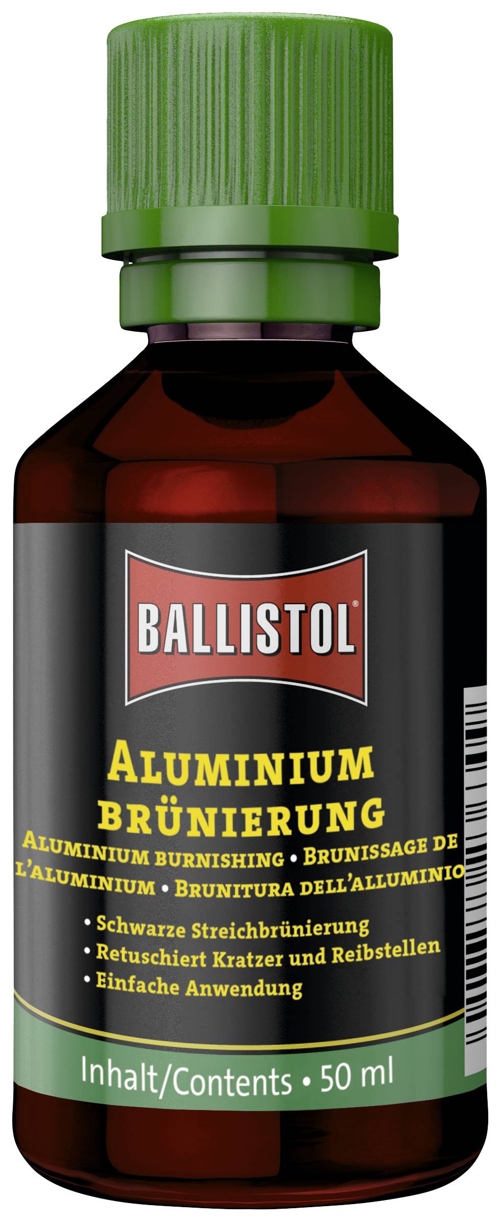 Bottle of Ballistol aluminium bluing solution, 50 ml. Removes scratches and marks on aluminium surfaces.