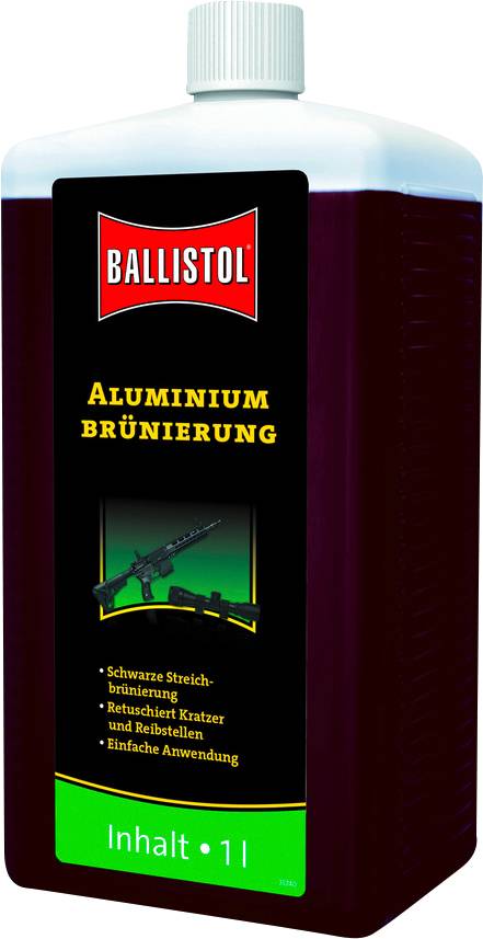 Bottle of Ballistol Aluminium Bluing, 1 litre. Labelling: 'Black touch-up bluing, Retouch scratches and wear marks, Easy application'.