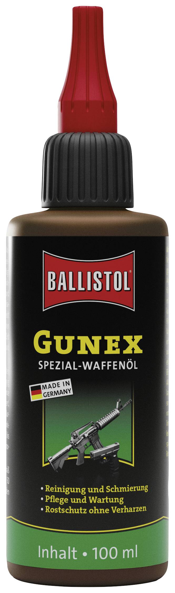Brown bottle with red lid. Label reads: 'Ballistol Gunex Special Weapon Oil'. Indication of 'Made in Germany'. 100 ml contents.