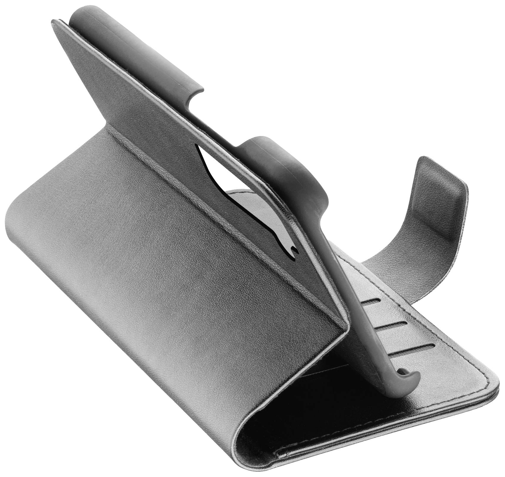 A black, foldable tablet or smartphone case is standing on a table, opened for side viewing.