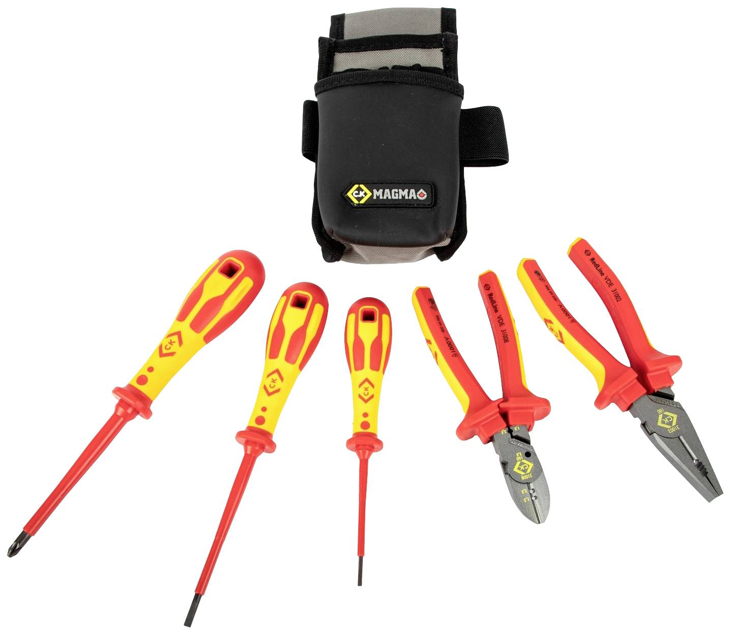 Isolated tools: four screwdrivers and two pliers in front of a tool bag. Suitable for work on electrical installations.
