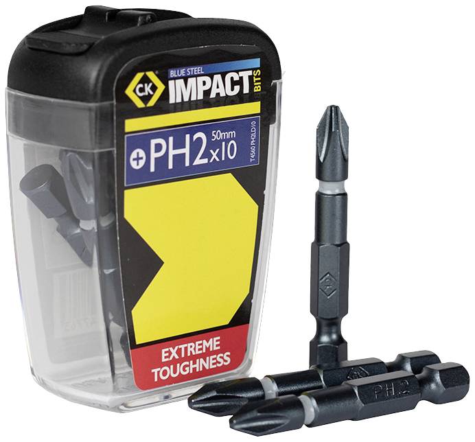 'Dosage set with ten PH2 bits, 50 mm, in robust plastic packaging with yellow-black label and marking 