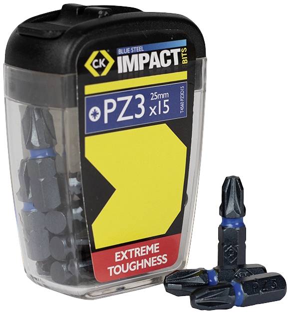 A pack of 15 blue PZ3 screwdriver bits, 25 mm long, highlighted by 'EXTREME TOUGHNESS' on the packaging.