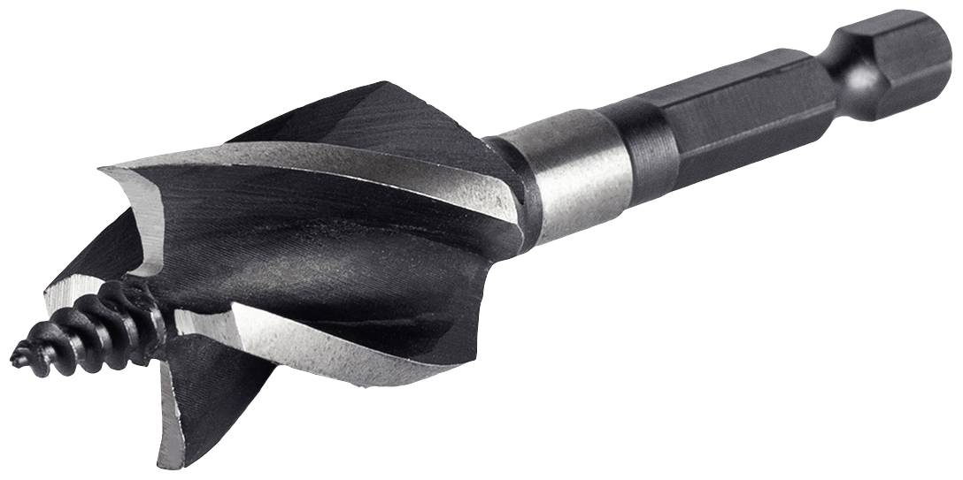 Wood drill bit with a sharp, spiral design and a hexagonal shank, suitable for precise drilling in wood.
