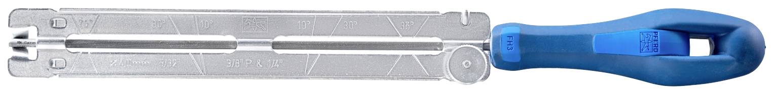 Blue safety can opener with an ergonomic handle, silver cutting blade, and protective cover, set against a light background.