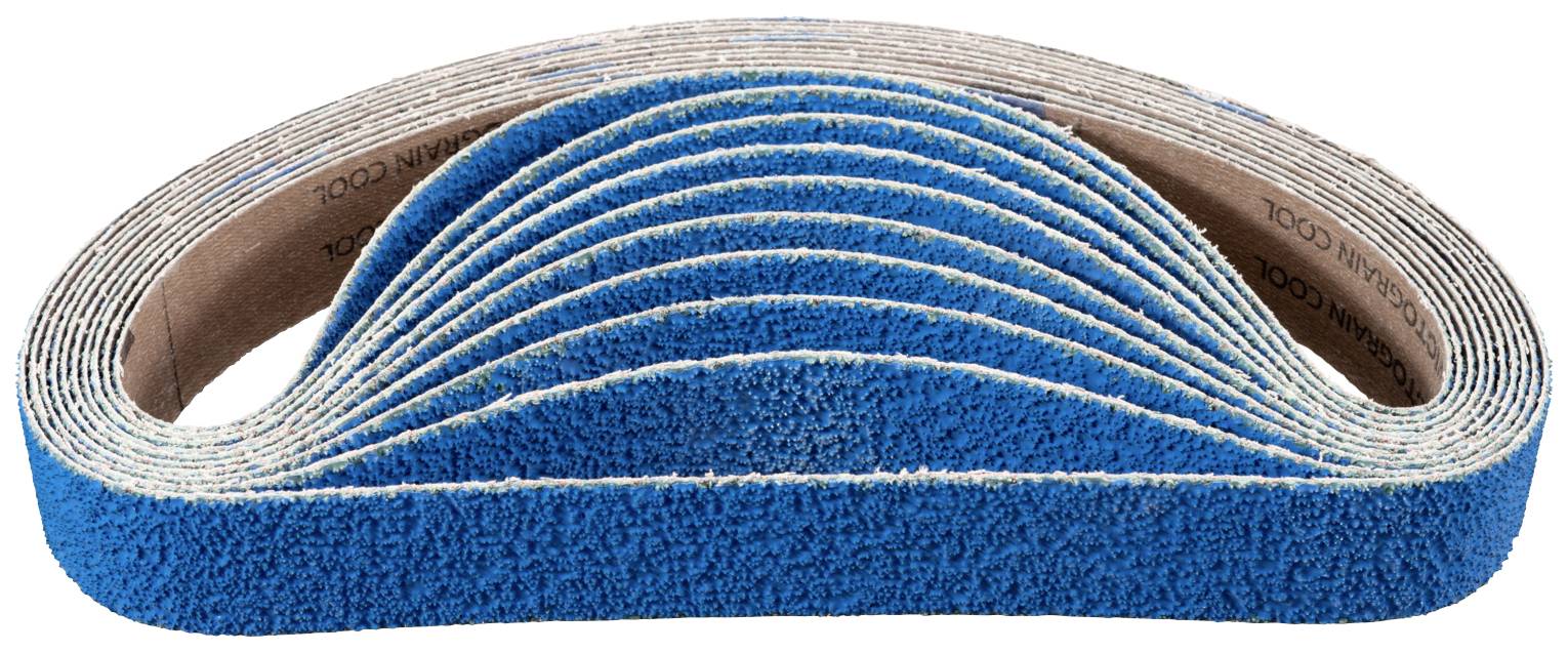 Blue sanding belt, curved and stacked, demonstrates material structure and flexibility. Suitable for sanding work on various surfaces.