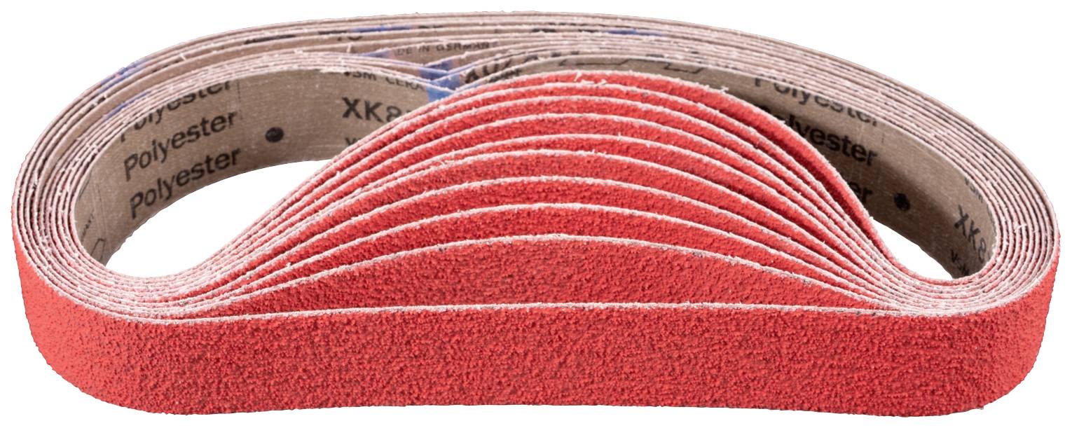 Red abrasive belts in a curved arrangement. They are made of polyester material, suitable for grinding work.