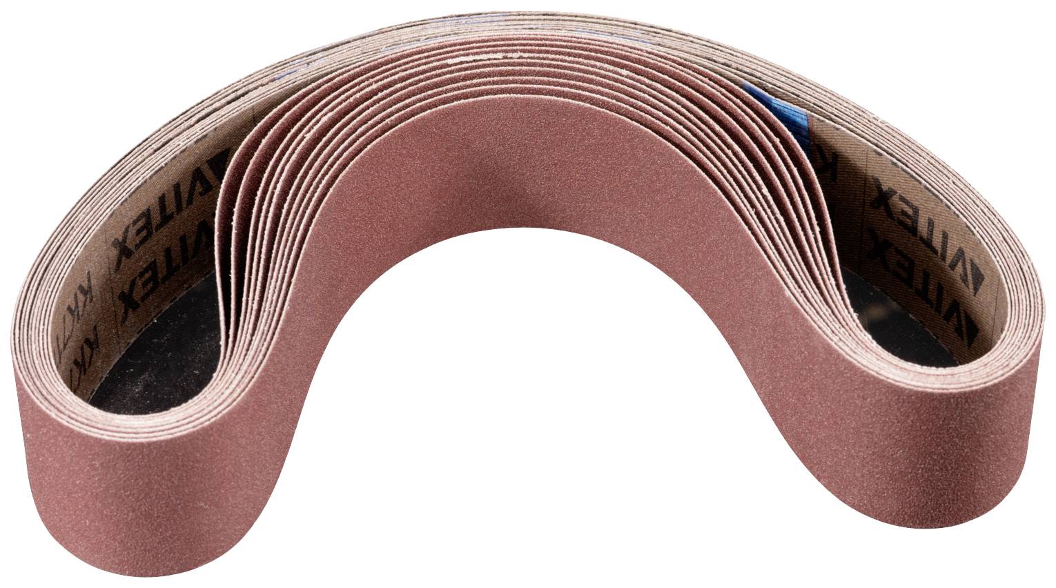 Brown abrasive sanding belt in a curved shape, used for grinding machines, with a coarse grinding surface for surface processing.