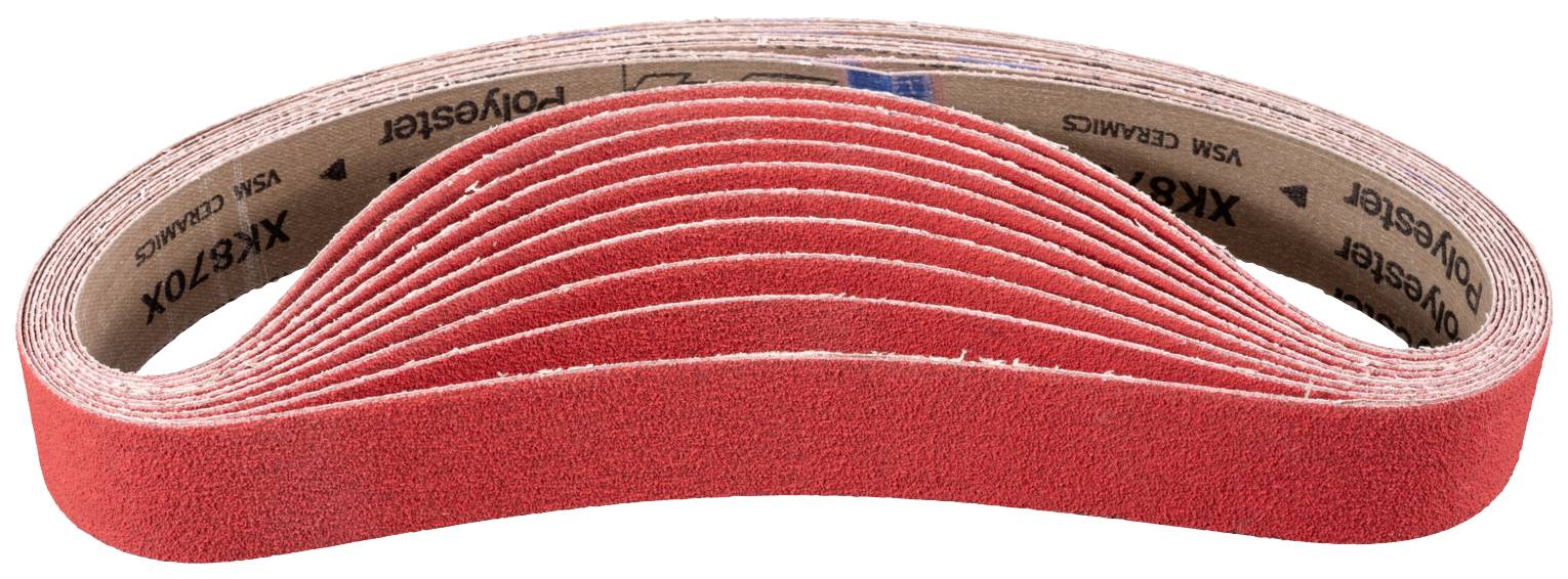 Red sanding belts, bundled, in a curved arrangement. Used for belt sanders in woodworking or metalworking.