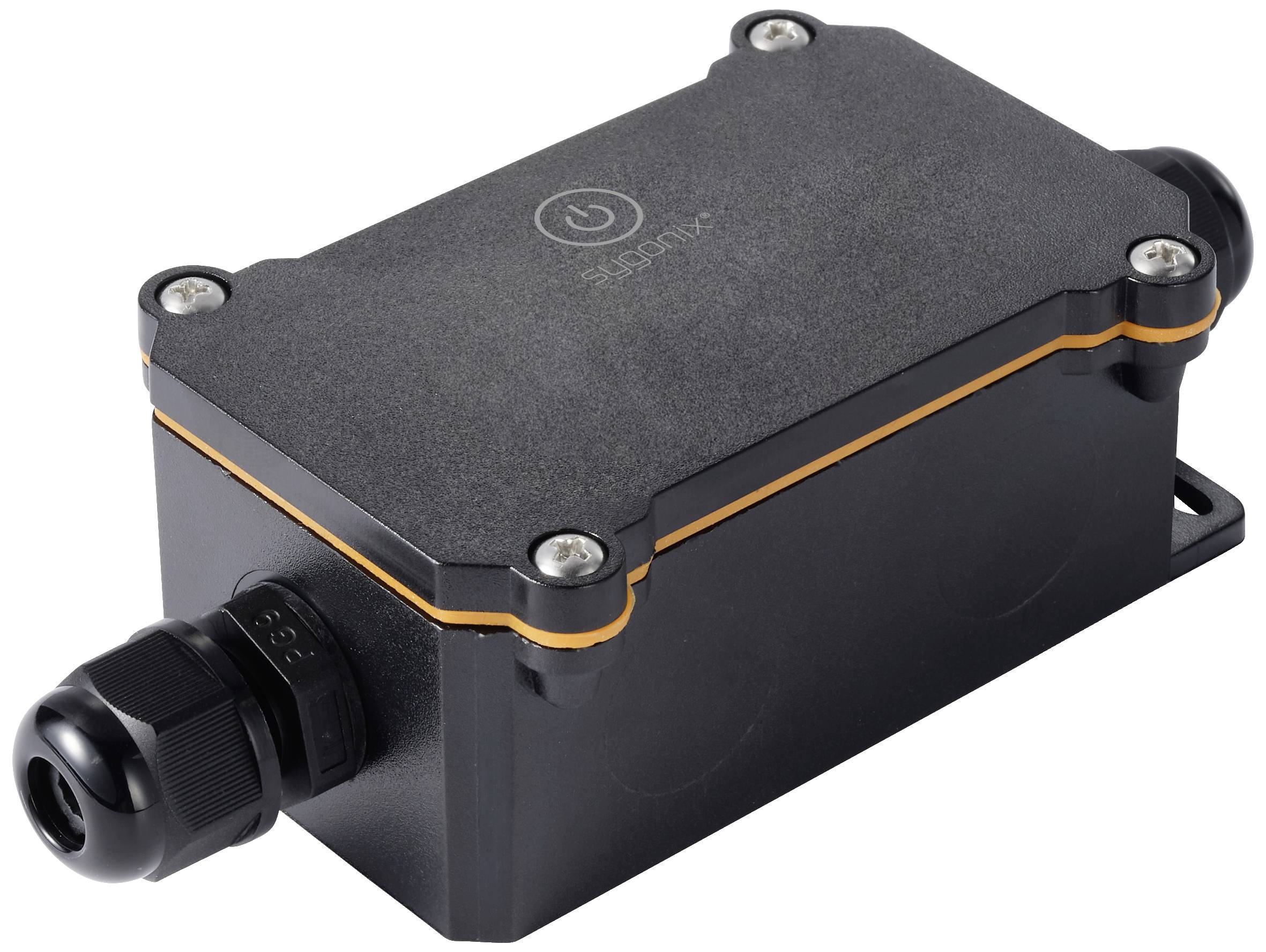 A rectangular, black outdoor electronic enclosure with rounded corners and cable gland.