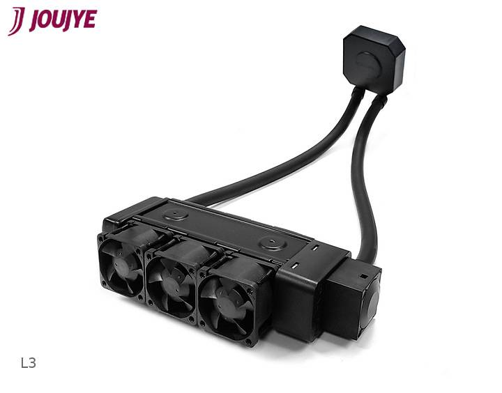Cooling module with three fans and two connection cables, isolated against a white background. 'JOUJYE' logo in the top left. Model number 'L3' in the bottom left.