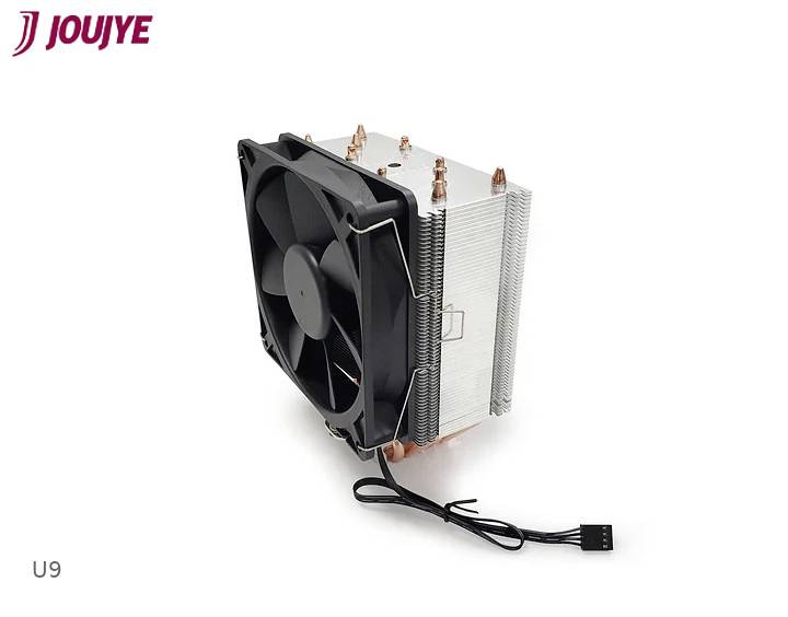 A black computer fan with cooling fins and copper pipes. The cable has a four-pin plug. Logo in the top left, 'U9' at the bottom.